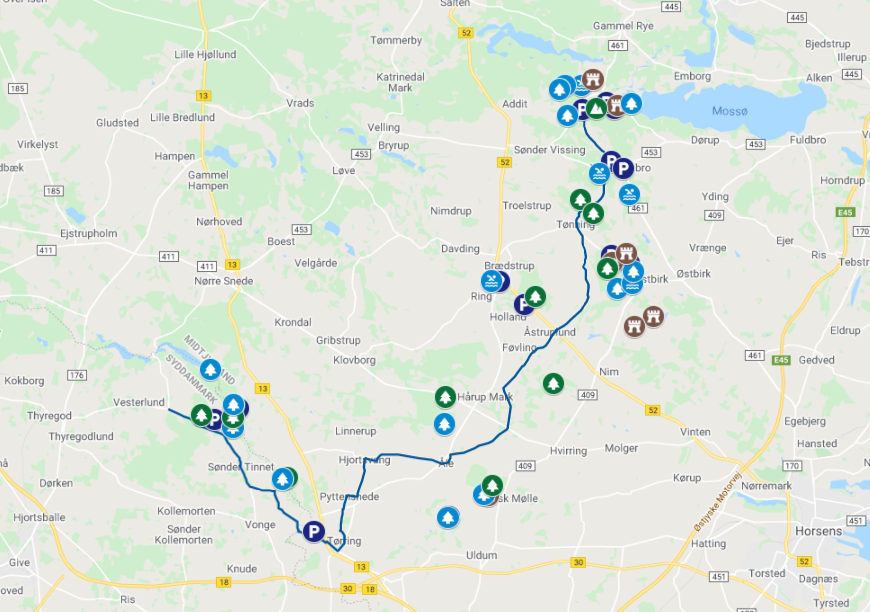 Digitale Karte zur Regionalroute 33 von der Quelle des Gudenå bis nach Gl. Rye