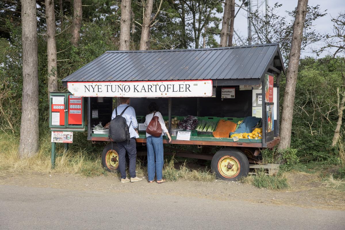 Kvinde og mand kigger i en vejsidebod med friske grøntsager på Tunø i Destination Kystlandet