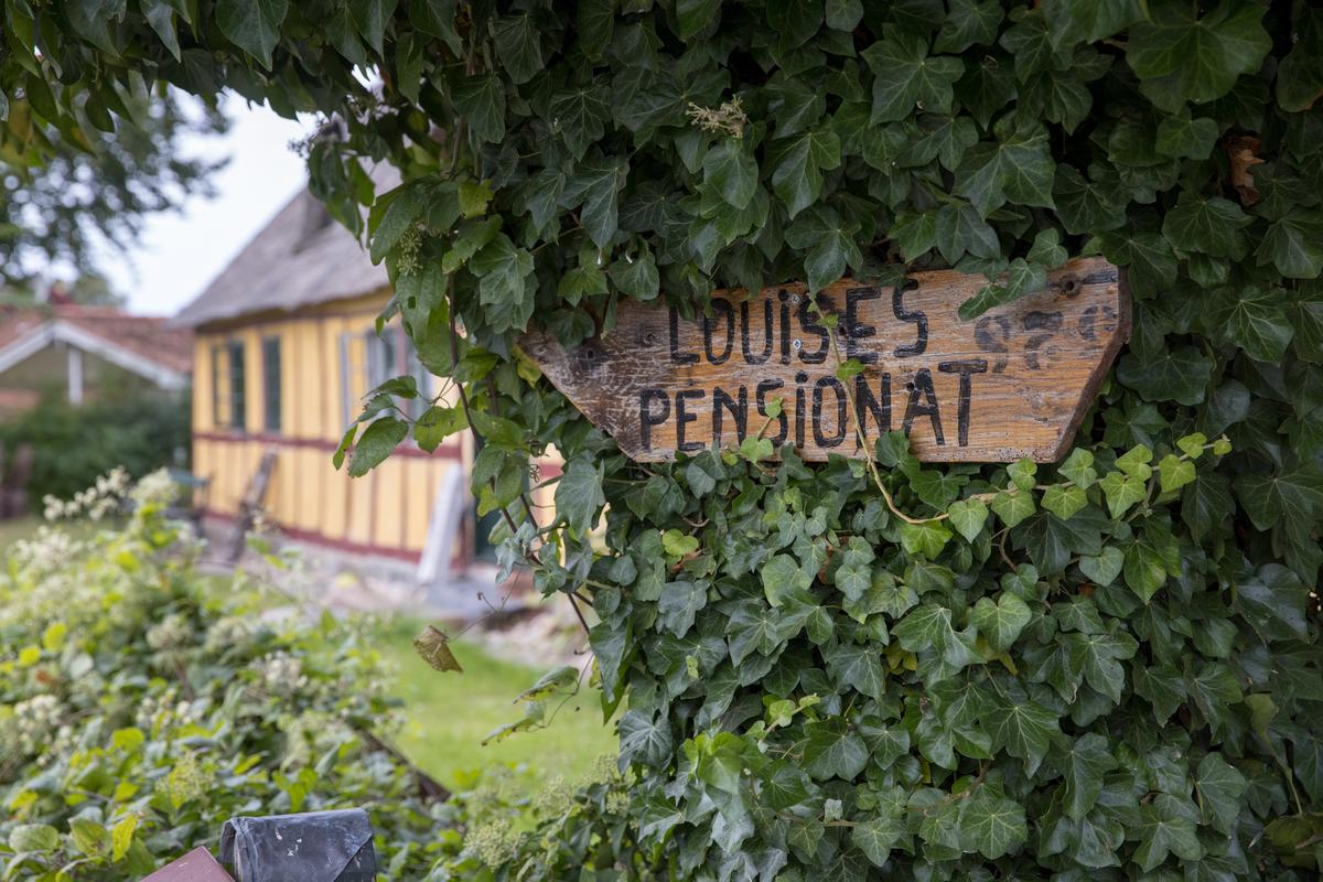 Grøn hæk med skilt ved gult bindingsværkshus på øen Endelave i Destination Kystlandet