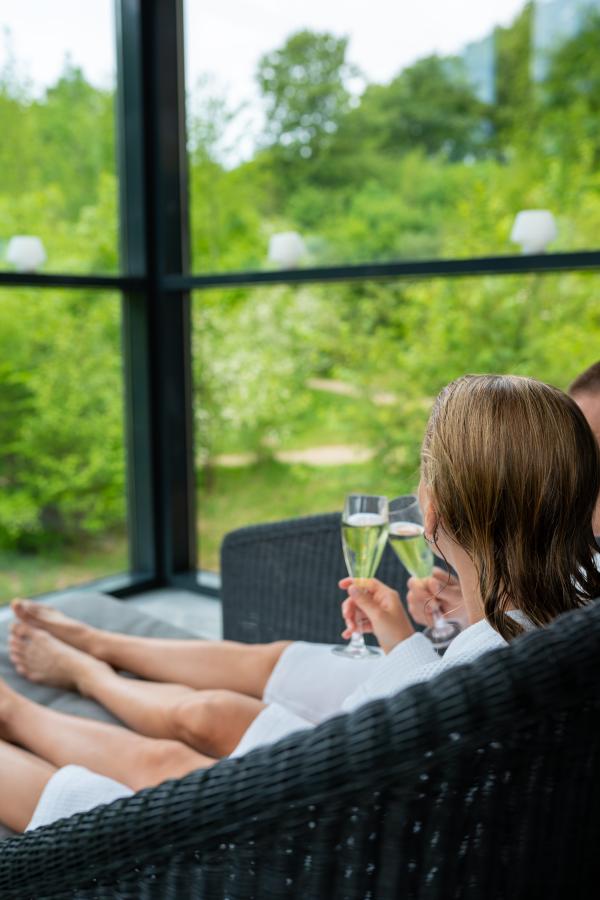 En kvinde og en mand drikker champagne i spaen med udsigt til skoven