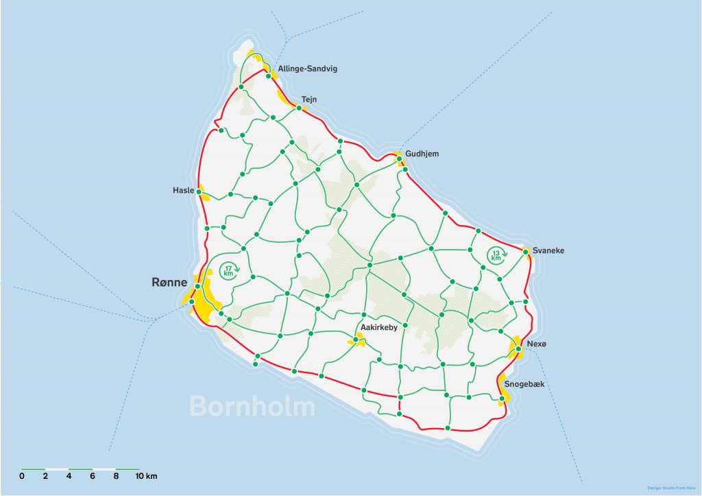 Kort over cykelknudepunktsnetværk på Bornholm