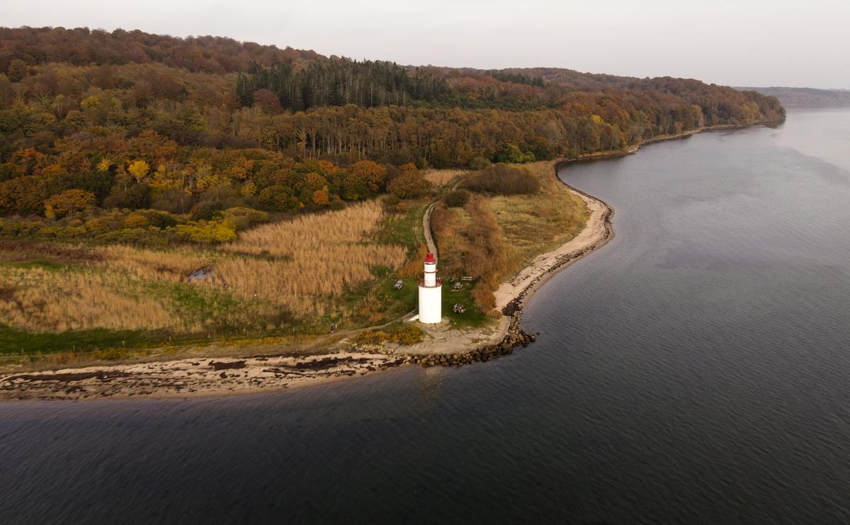 Dronefoto af Træskohage Fyr og Grund Skov