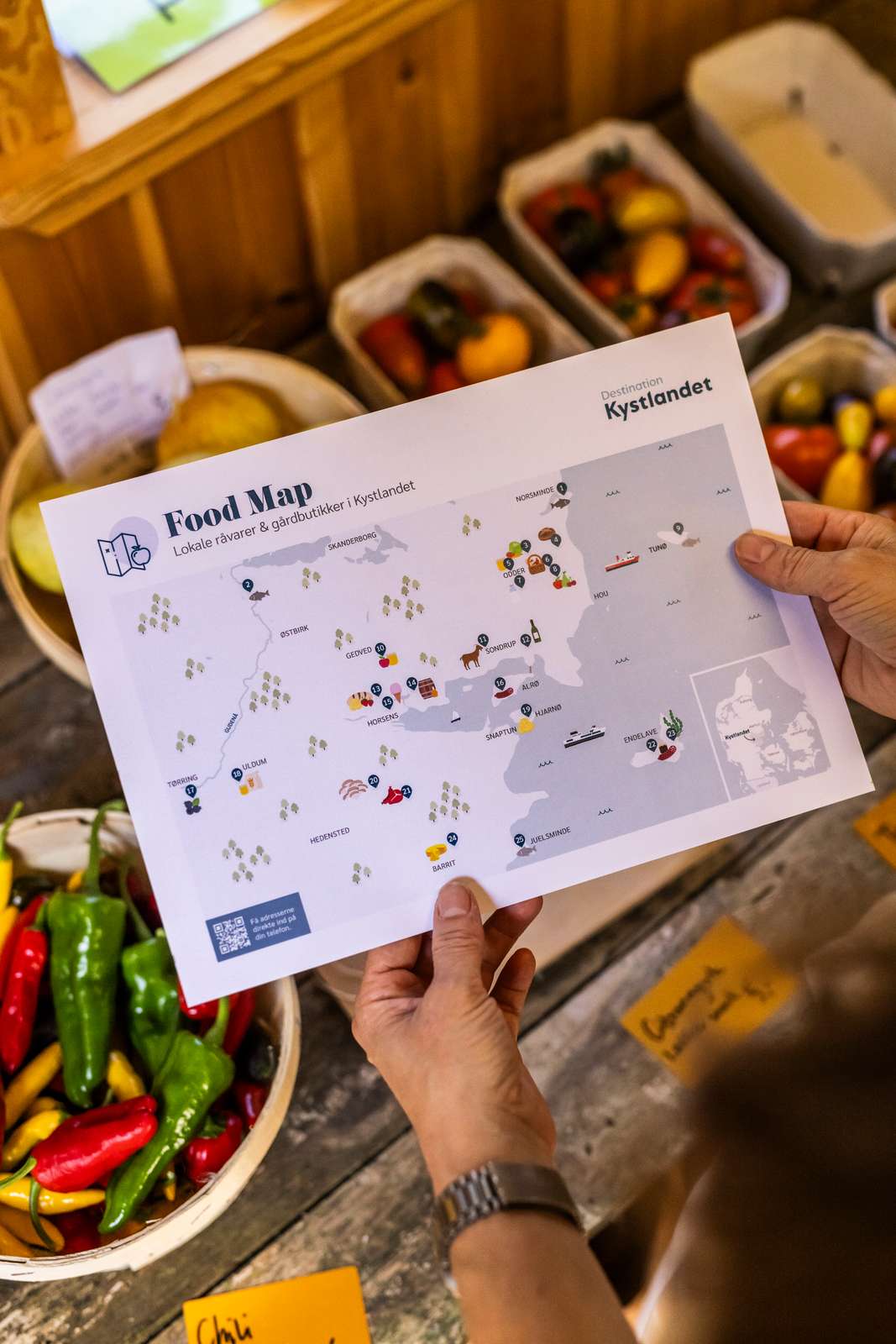 Kort med oversigt over lokale gårdbutikker i Horsens, Odder og Hedensted i Danmark